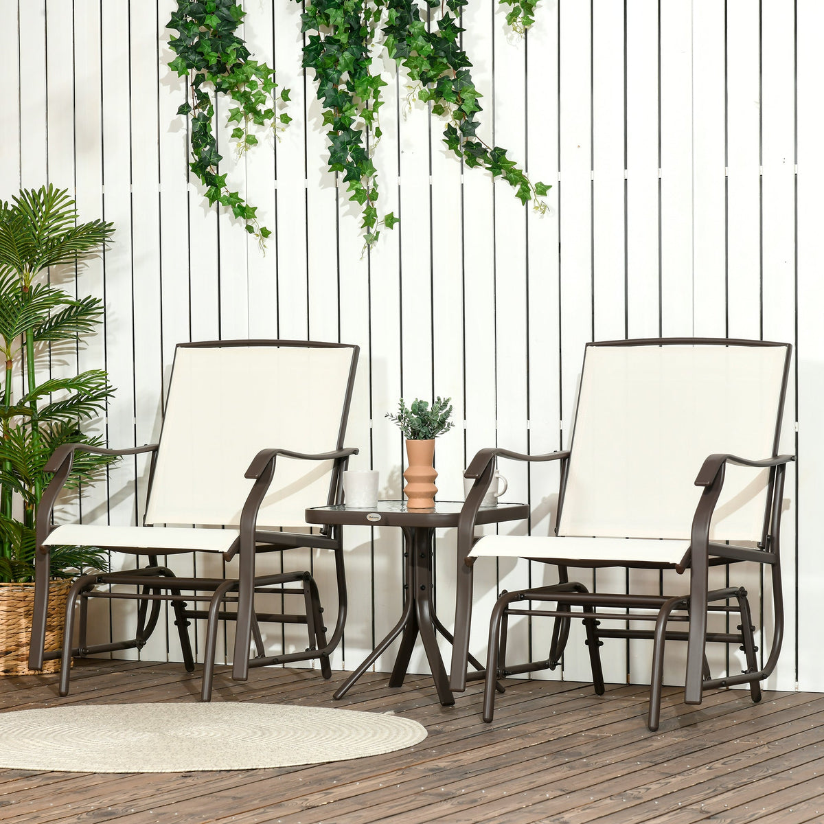3 Piece Outdoor Glider Chair with Coffee Table Bistro Set, Cream White — product view 3