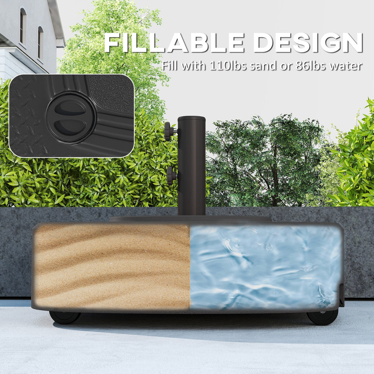 Patio Umbrella Base with Wheels, 110 lbs Sand/86 lbs Water, Black — product view 7