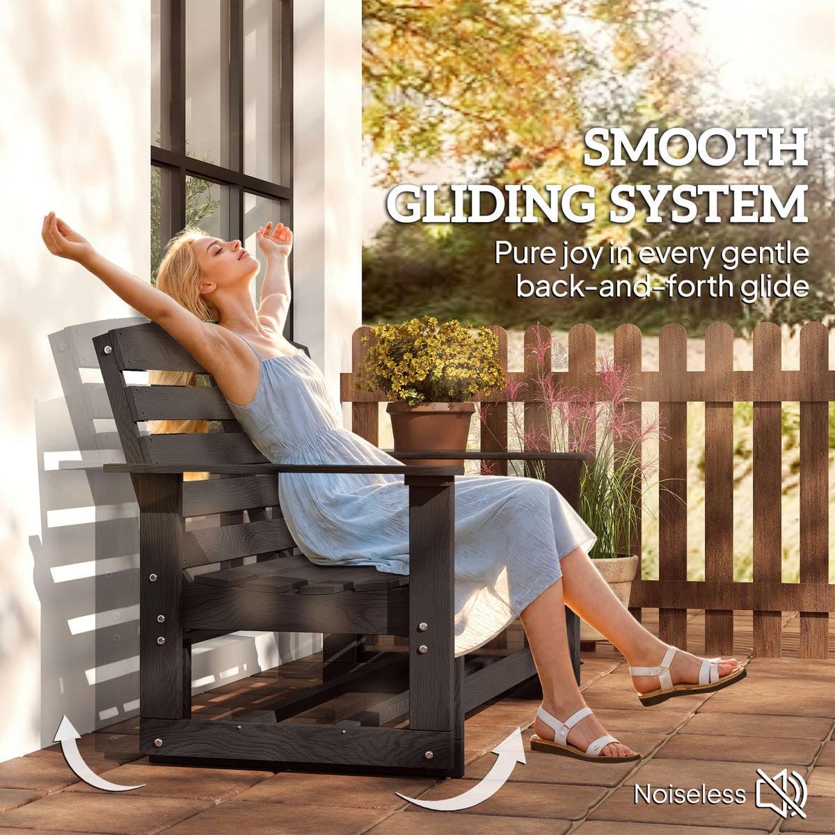 2-Person Patio Double Swing Rocking Chair Loveseat w/ Slatted HDPE Frame, Distressed Black — product view 6