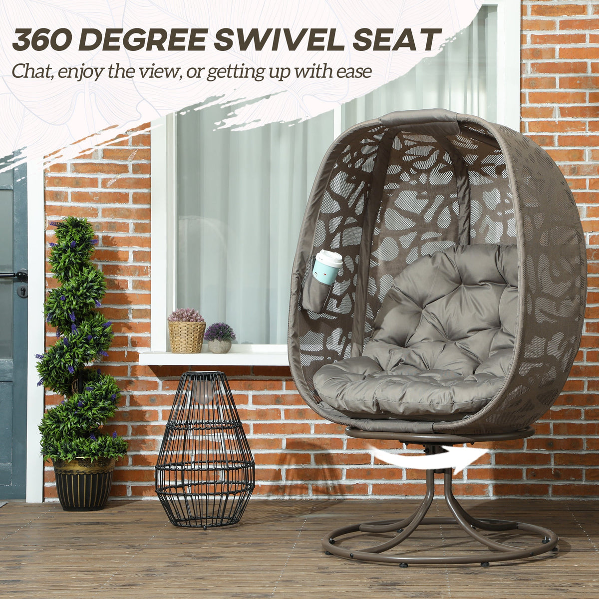 Swivel Egg Chair with Cushions & Foldable Basket Seat, Sand Brown — product view 6