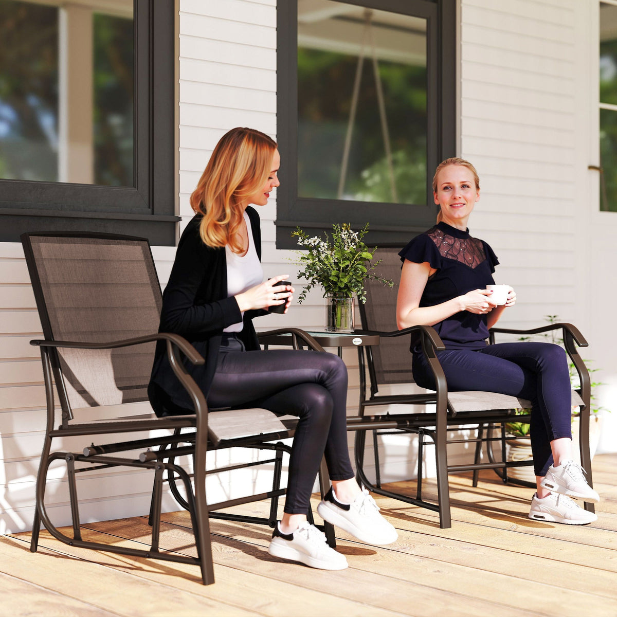 Double Patio Glider Chair with Glass Top Center Table, All Weather Breathable Mesh Fabric, Brown — product view 3
