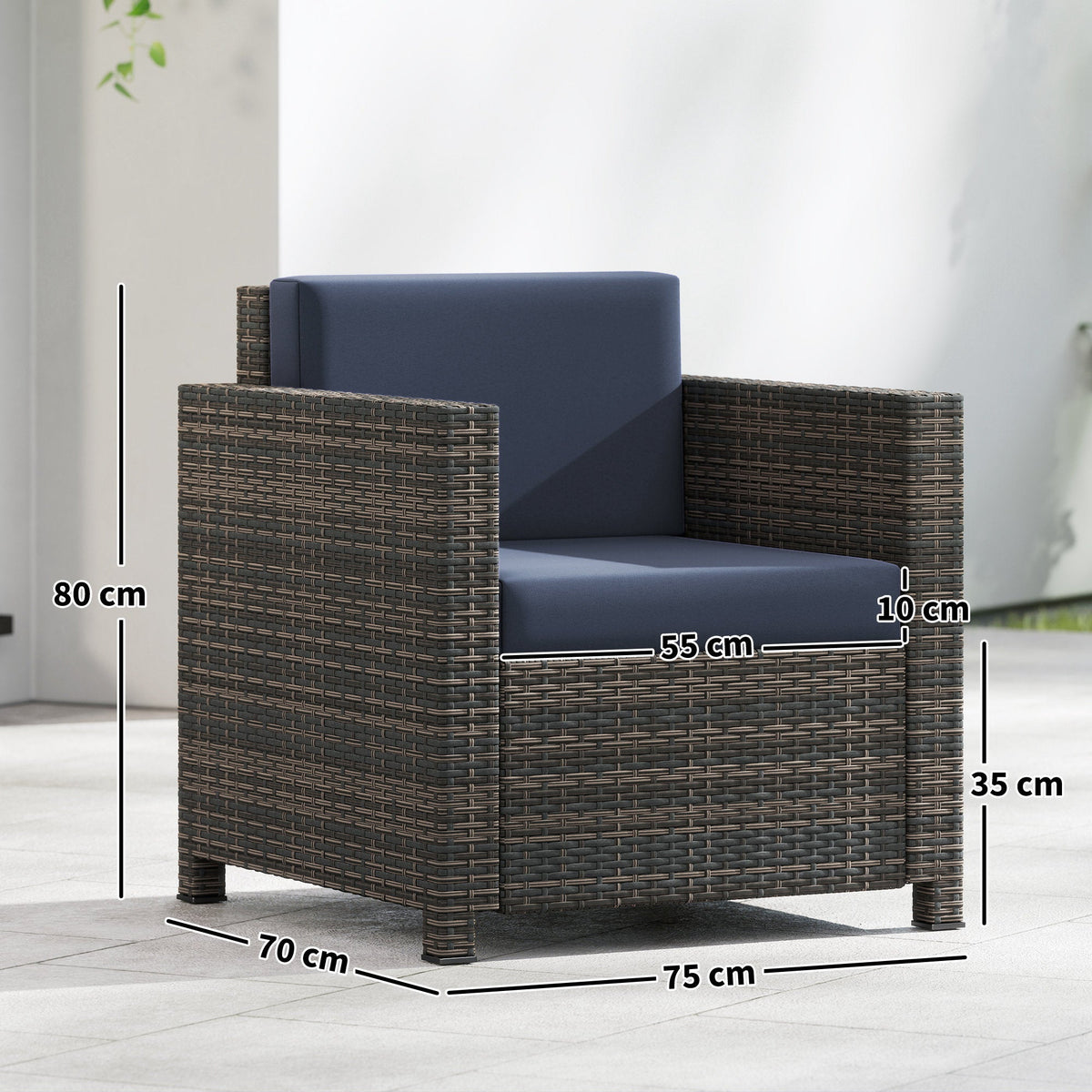 Single Rattan Garden Armchair with 10 cm Cushion & Armrests, Mixed Brown/Navy Blue — product view 5