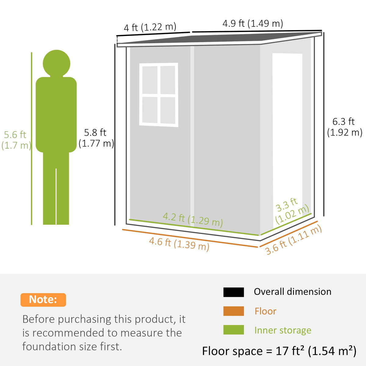 4 x 5FT Plastic Lean-to Garden Shed with Floor, Window and Vent, Black — product view 5