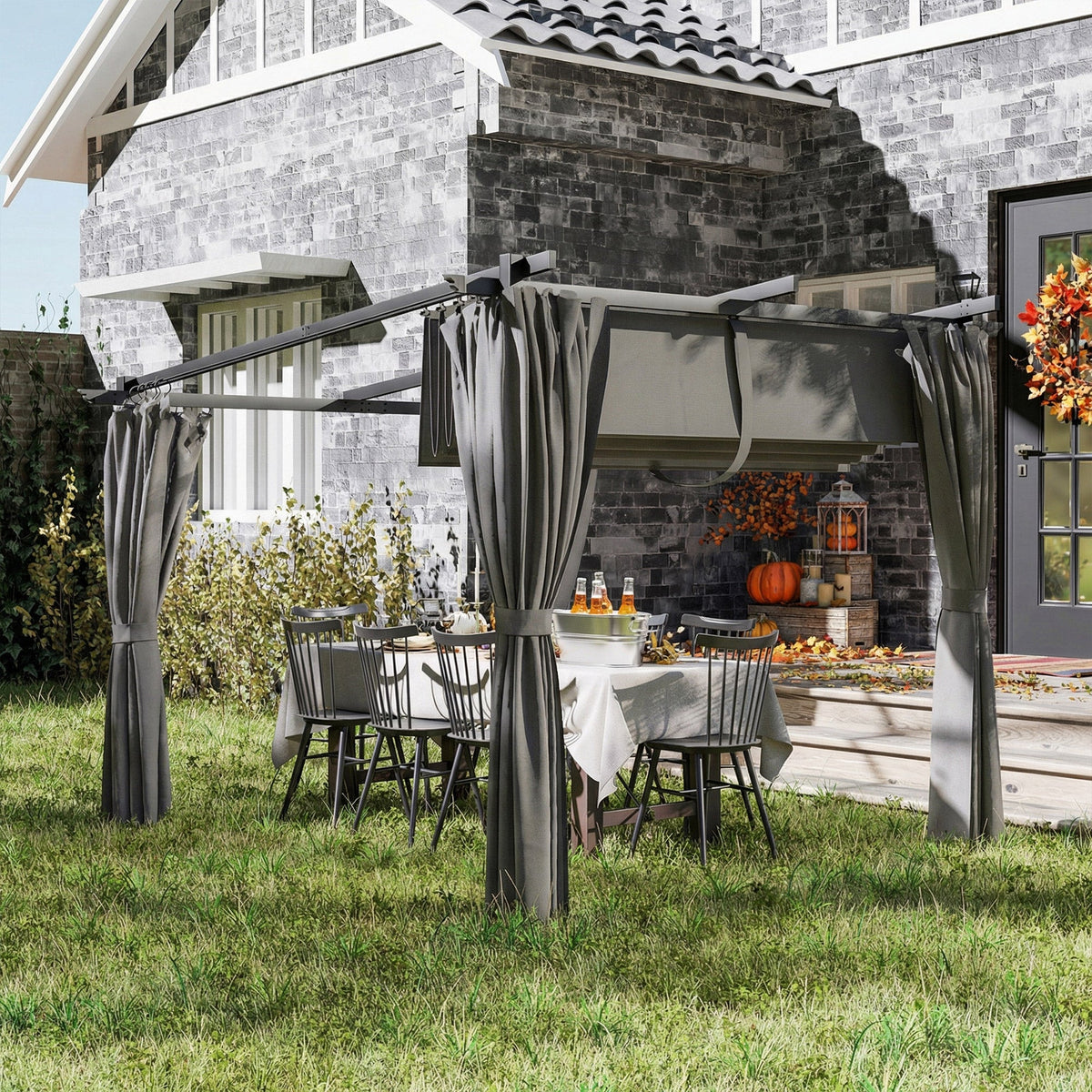 3 x 3 m Metal Pergola with Retractable Roof and Sidewalls, Light Grey — product view 4