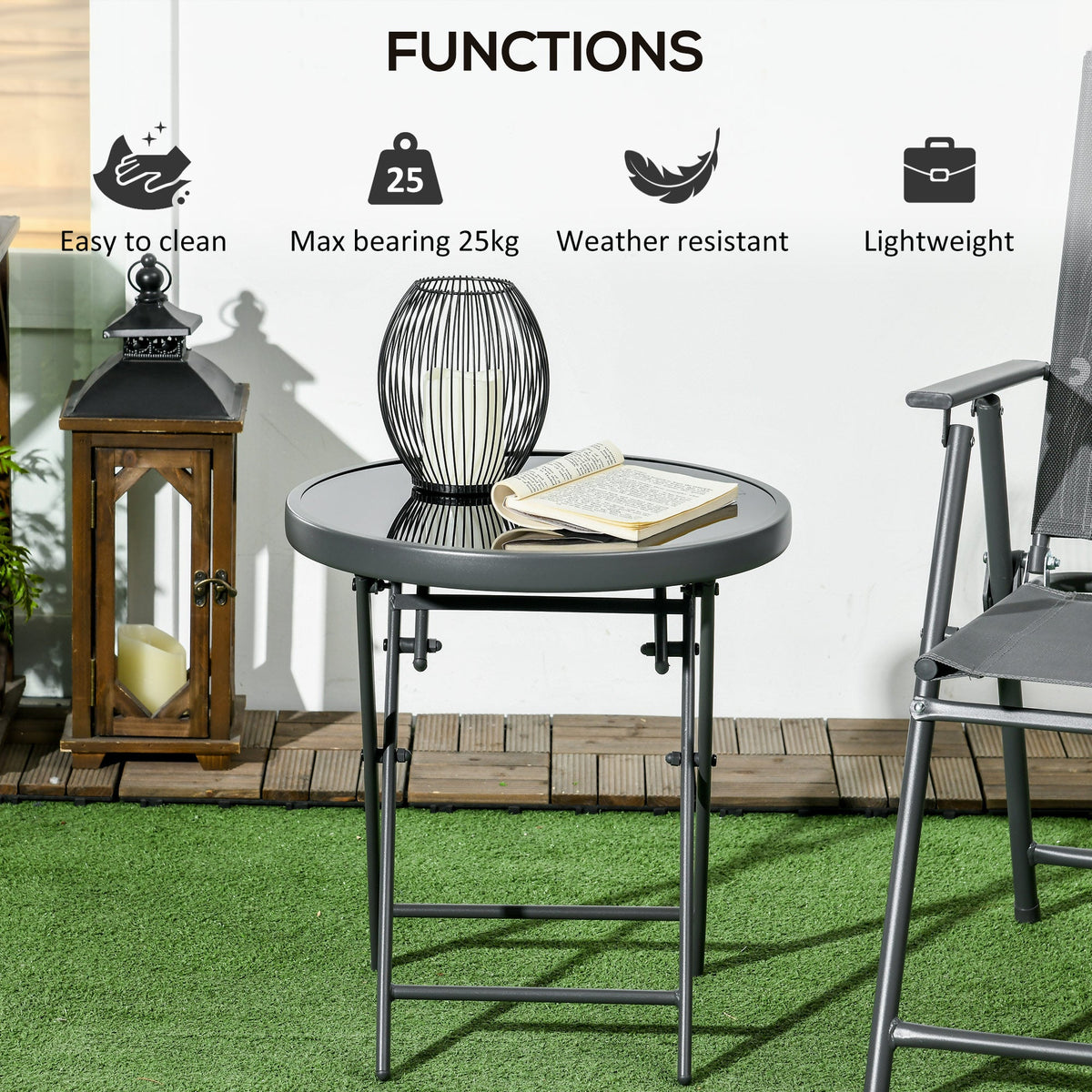 18" Outdoor Round Folding Table with Tempered Glass Top, Black — product view 7