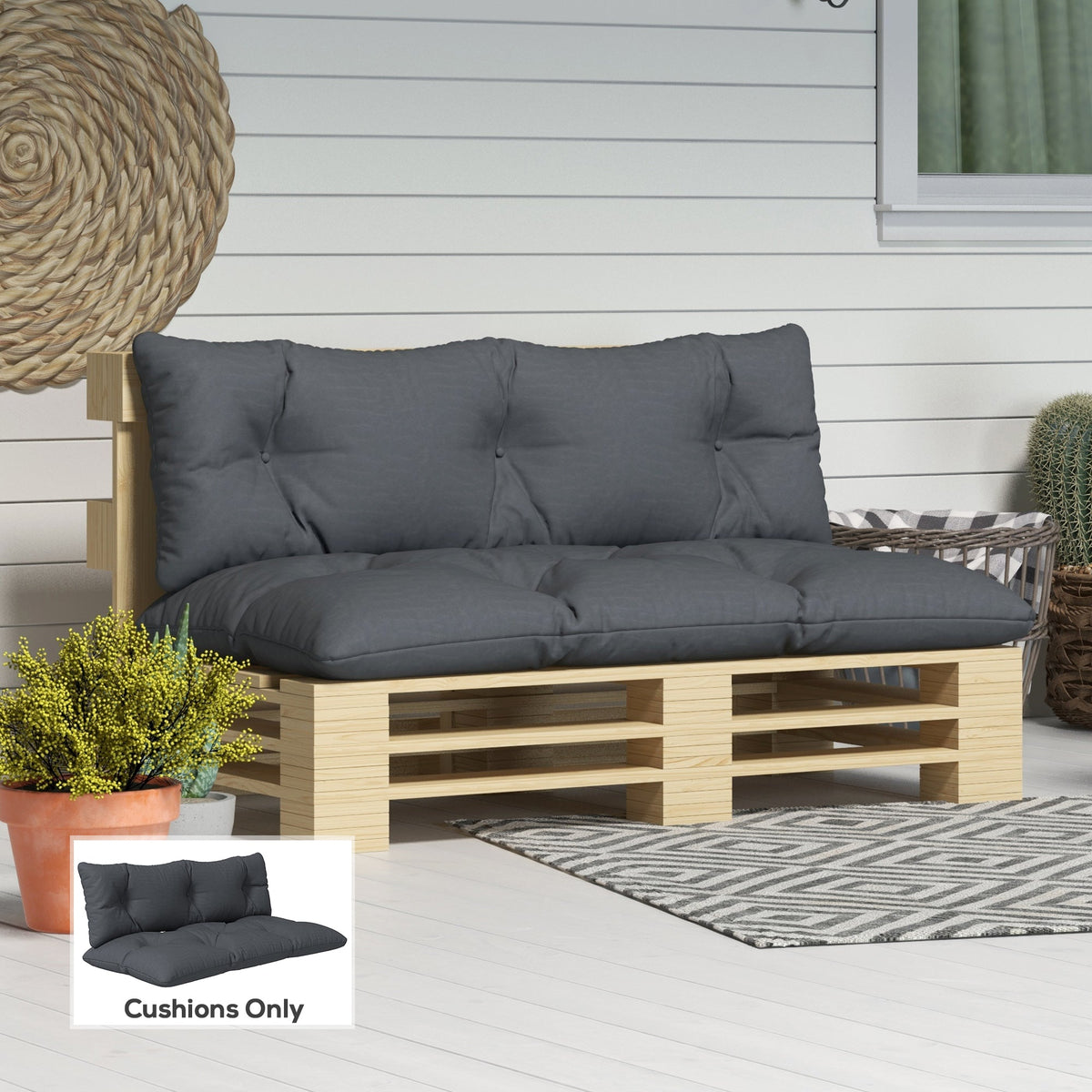 2-Seater Outdoor Seat & Back Cushions, 6" Thick for Pallet Loveseat, Dark Grey — product view 3