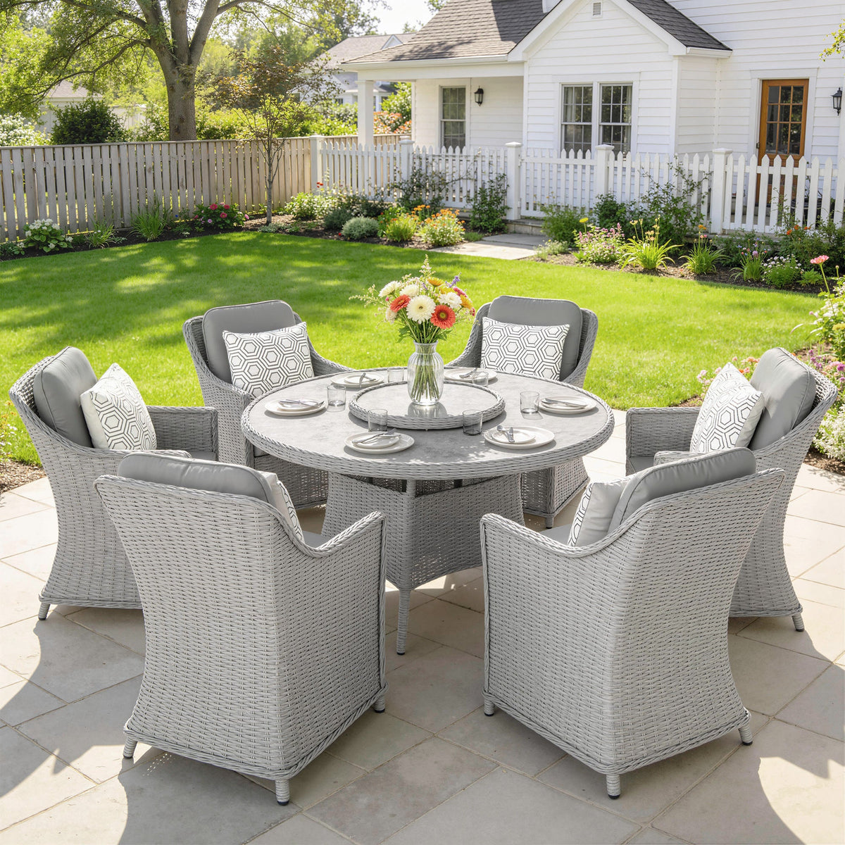 6 Seater Rattan Dining Set with Lazy Susan and Marble Effect Table, Grey — product view 3