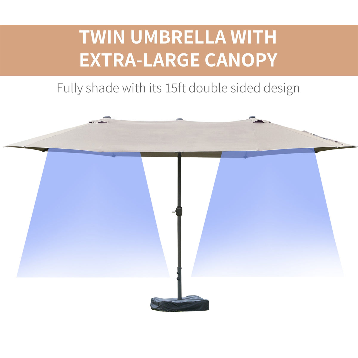 15' Outdoor Patio Umbrella with Twin Canopy, Lift Crank and Sandbag, Light Grey — product view 6