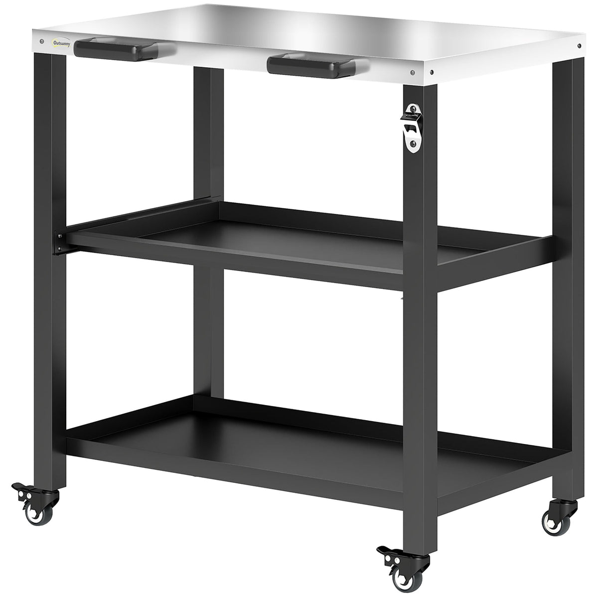 Outdoor Grill Cart with Stainless Steel Top, 2 Shelves and Lockable Wheels, Black — product view 2