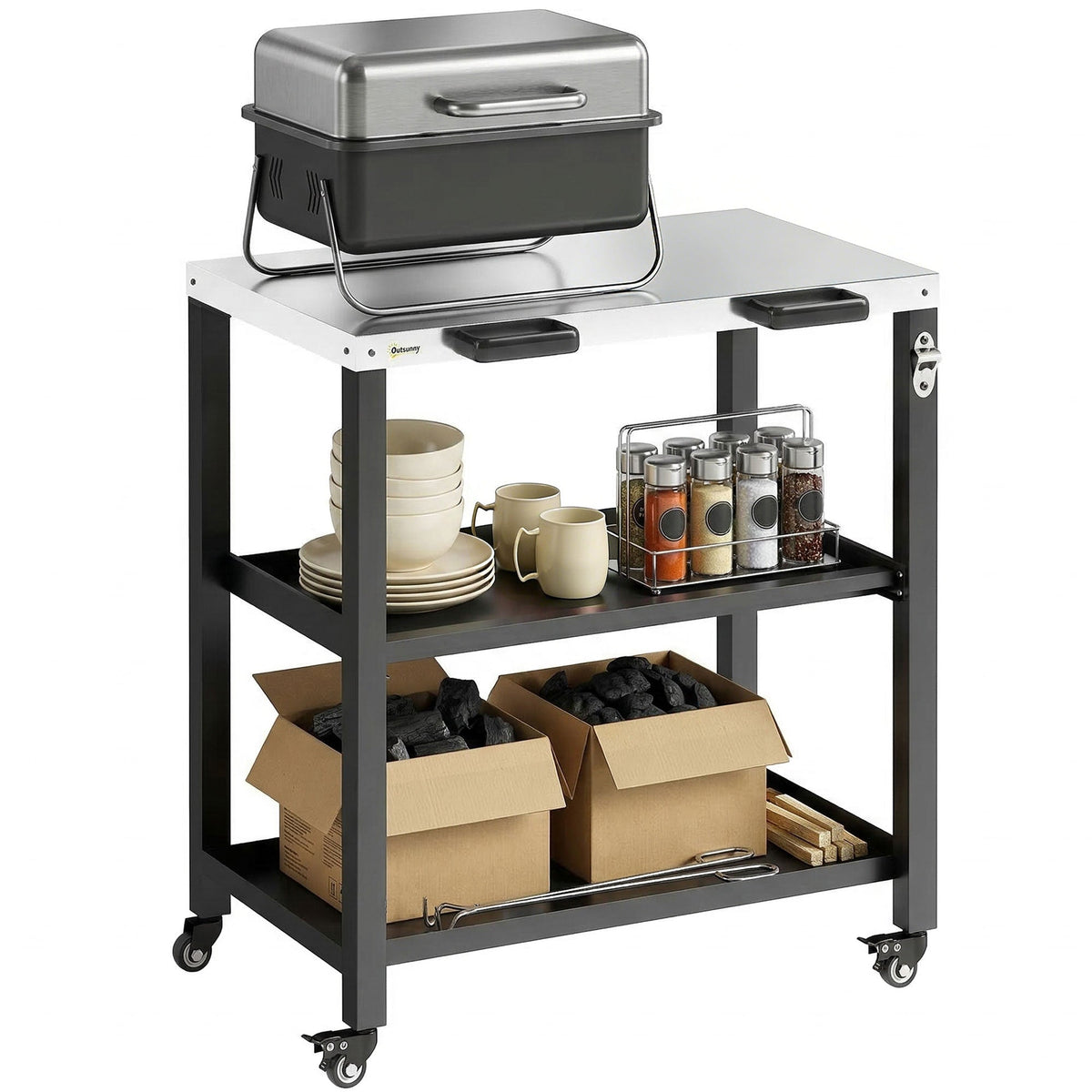 Outdoor Grill Cart with Stainless Steel Top, 2 Shelves and Lockable Wheels, Black — product view 1