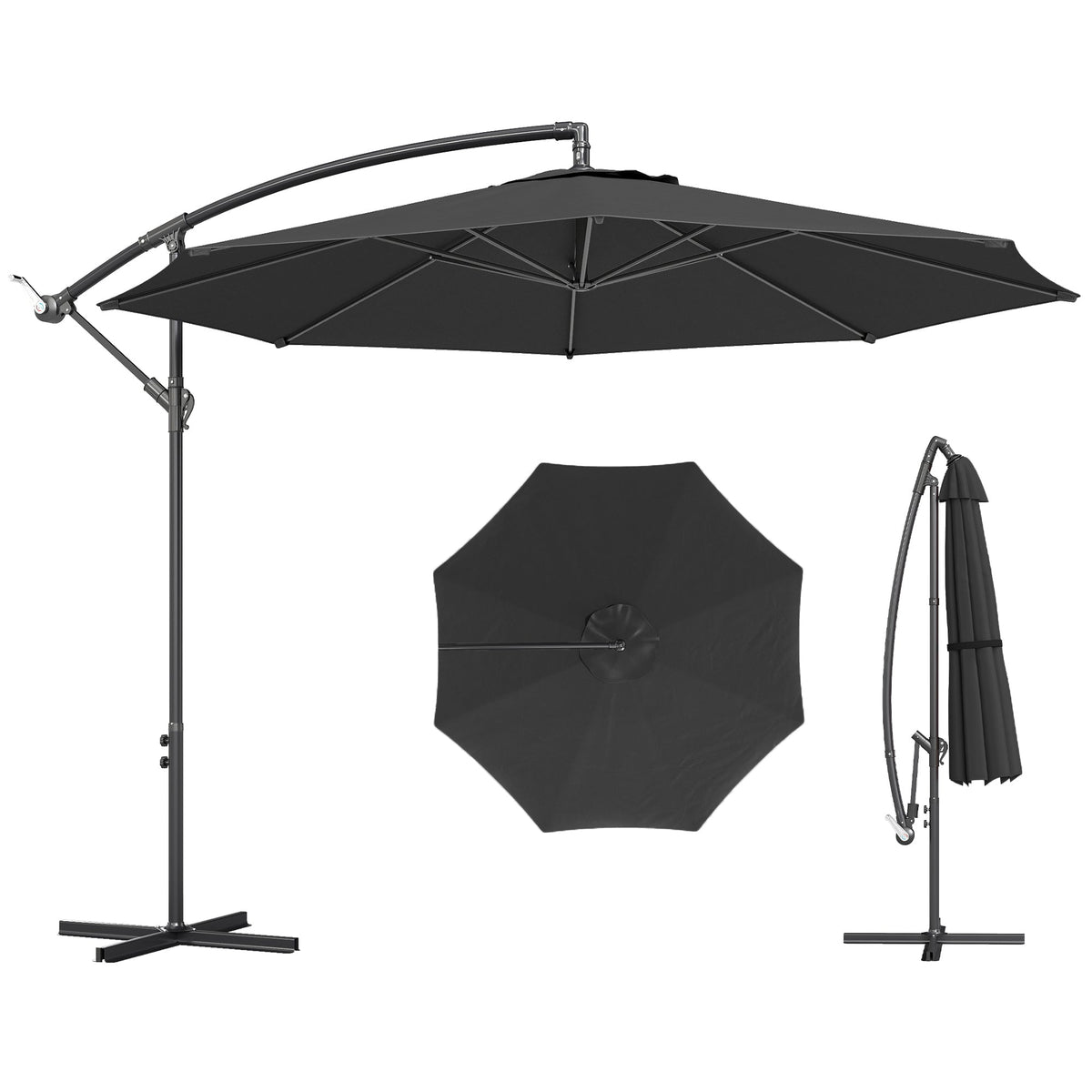3 m Banana Parasol with Crank Handle, 8 Ribs & Cross Base, Black — product view 2