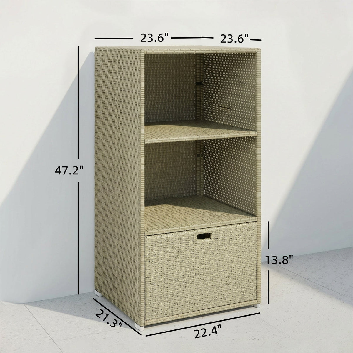Pool Towel Rack with 2 Shelves and Basket Drawer, PE Rattan, Gradient Gray — product view 5