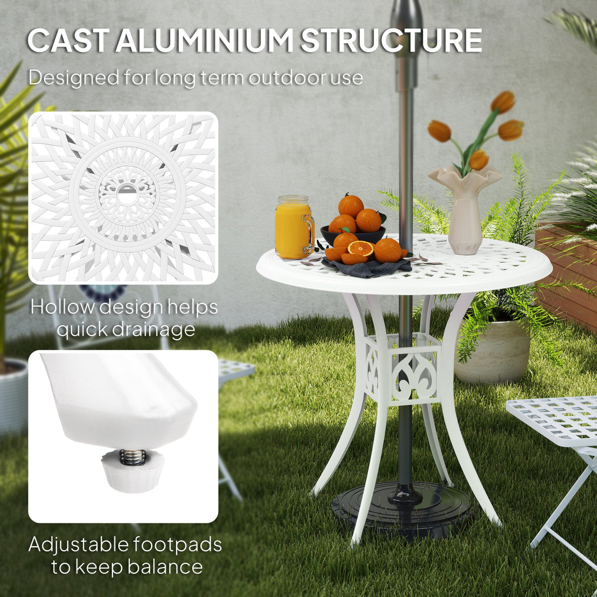 30-inch Round Patio Dining Table with Umbrella Hole Cast Aluminium Outdoor Bistro Table Only, White — product view 6