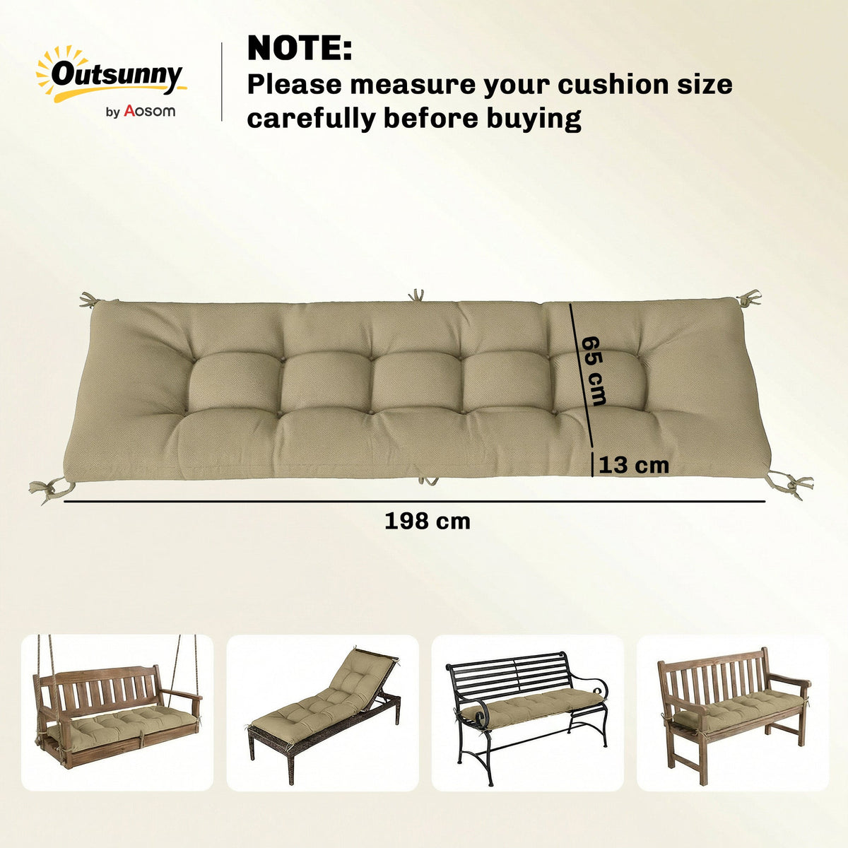 Memory Foam Sun Lounger Cushion with Ties, 190 x 60 cm, Sand — product view 5
