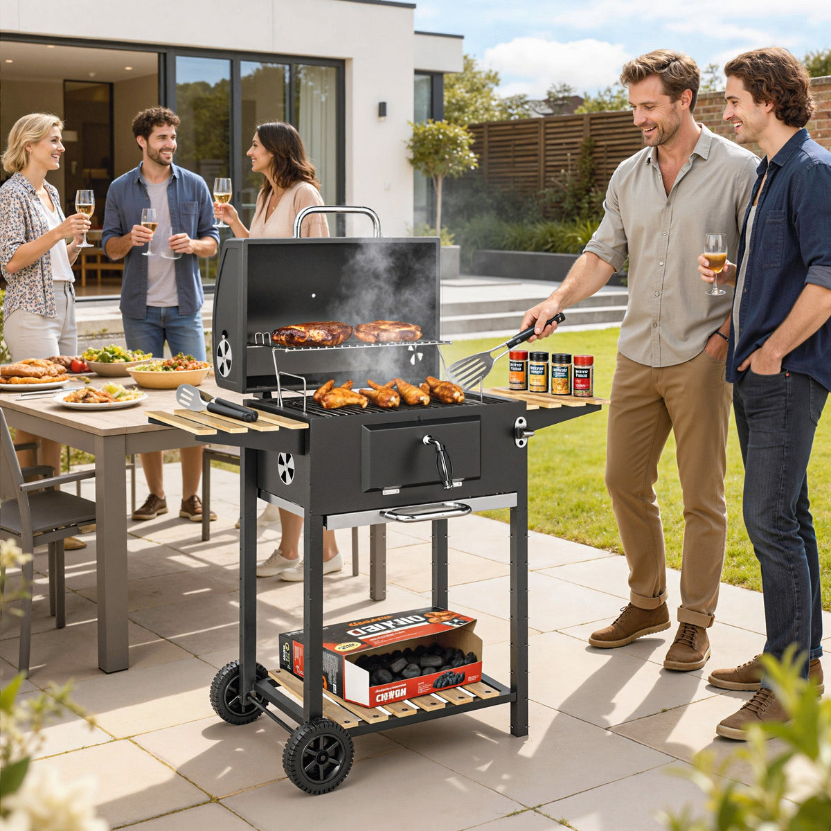Charcoal BBQ Grill with Adjustable Charcoal Pan, 3 Shelves & Wheels — product view 4