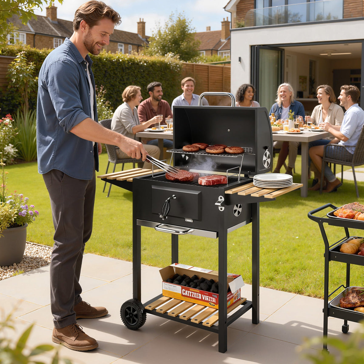 Charcoal BBQ Grill with Adjustable Charcoal Pan, 3 Shelves & Wheels — product view 3