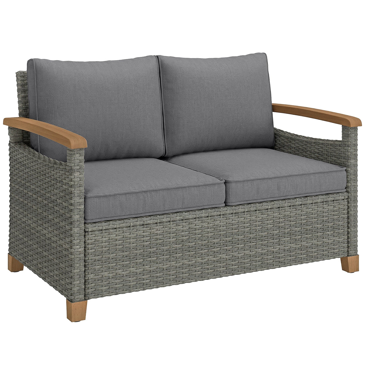 2-Seater Rattan Loveseat with Thick Cushions & Acacia Armrests, Dark Grey — product view 1