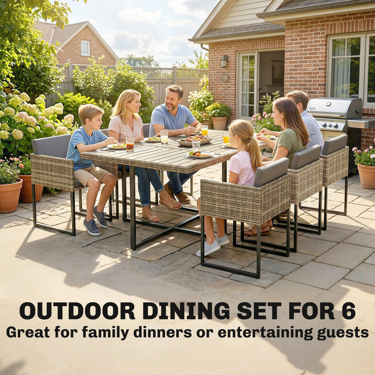 7-Piece Light Brown Rattan Dining Set with WPC Table, 6 Chairs & 12 Cushions — product view 6