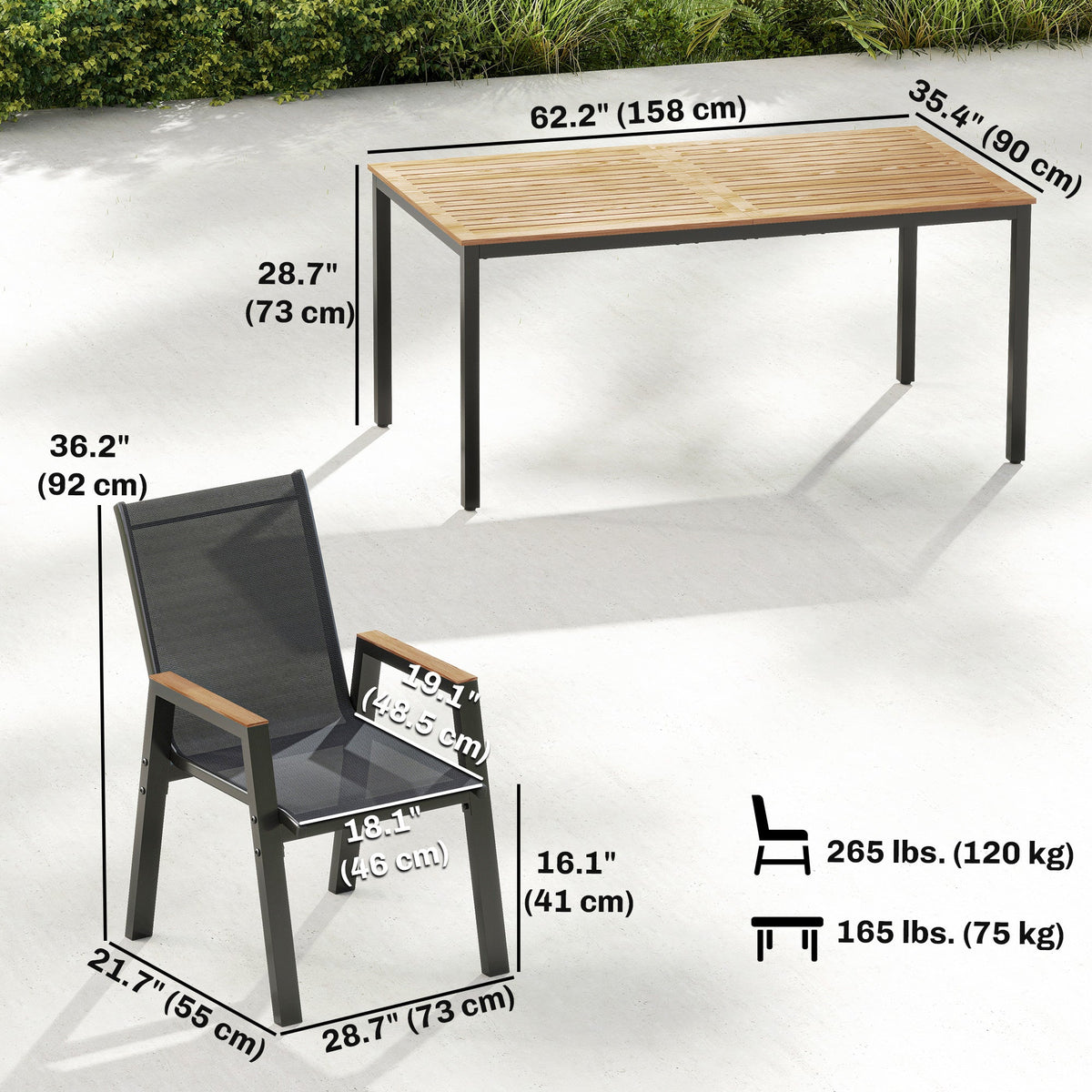7-Piece Outdoor Dining Set with Slatted Rectangle Table and 6 Mesh Chairs, Black — product view 5