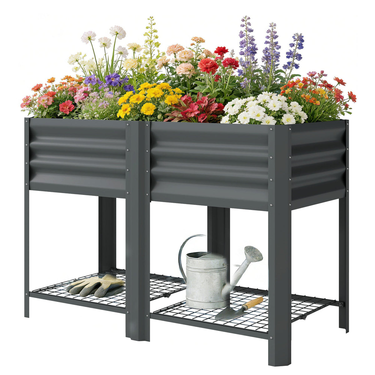Galvanized Steel Raised Garden Bed with Legs and Storage Shelf, Dark Grey — product view 2