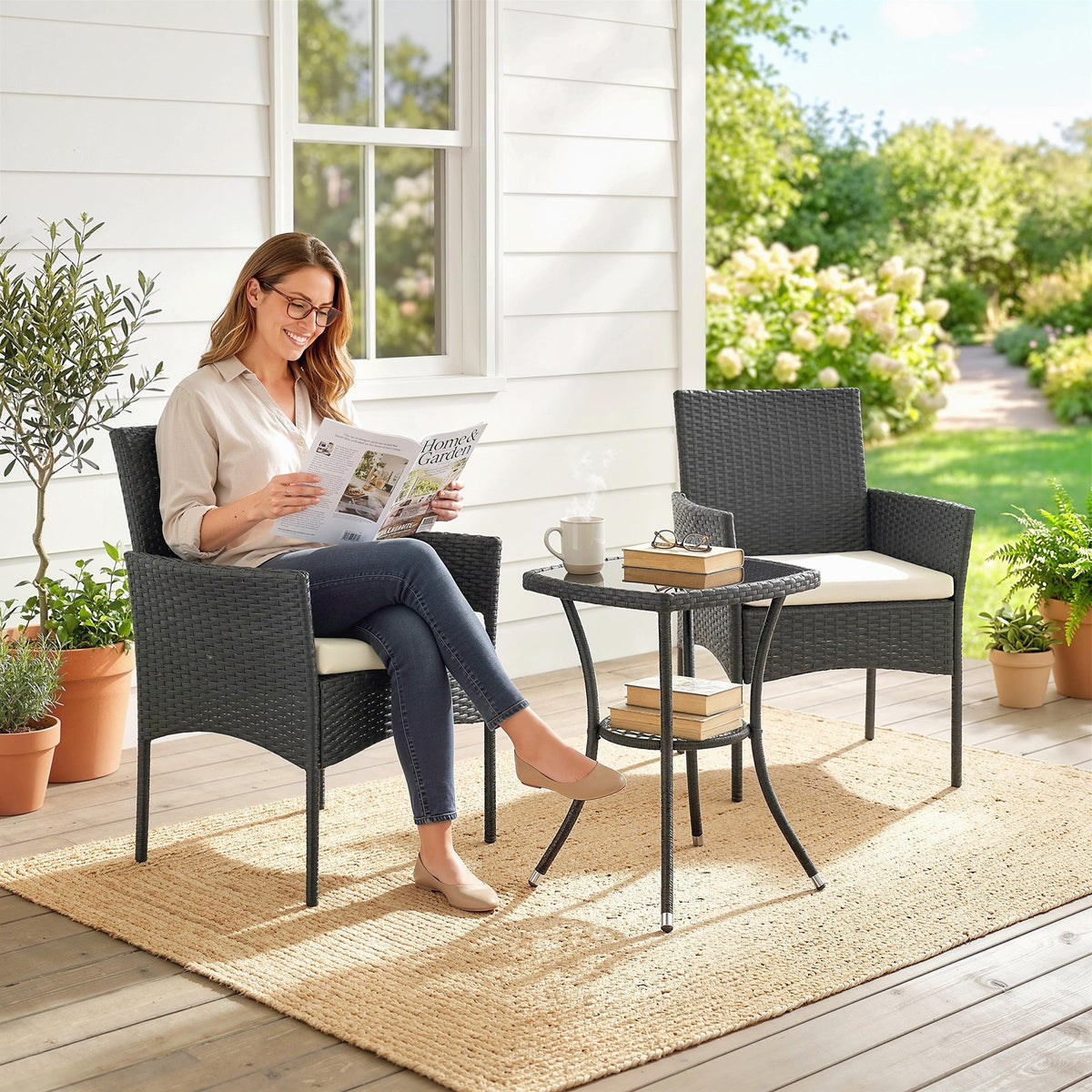 3-Piece PE Wicker Bistro Set with 2-Tier Glass Table and Cushions, Cream White — product view 3