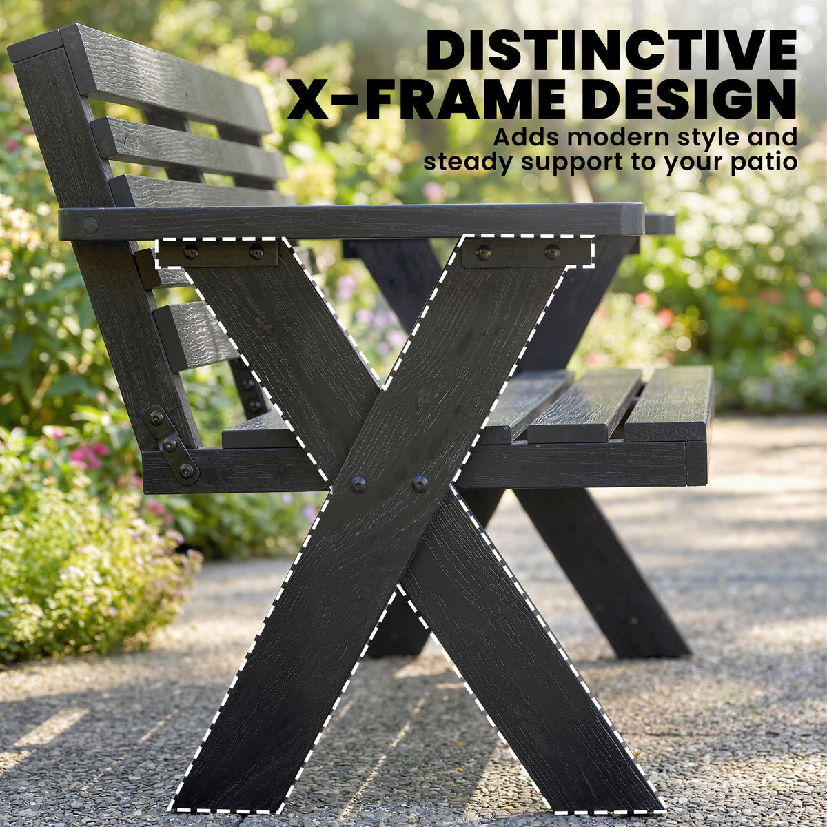 2 Seater Wooden Garden Bench with X-Frame Legs, Black — product view 6
