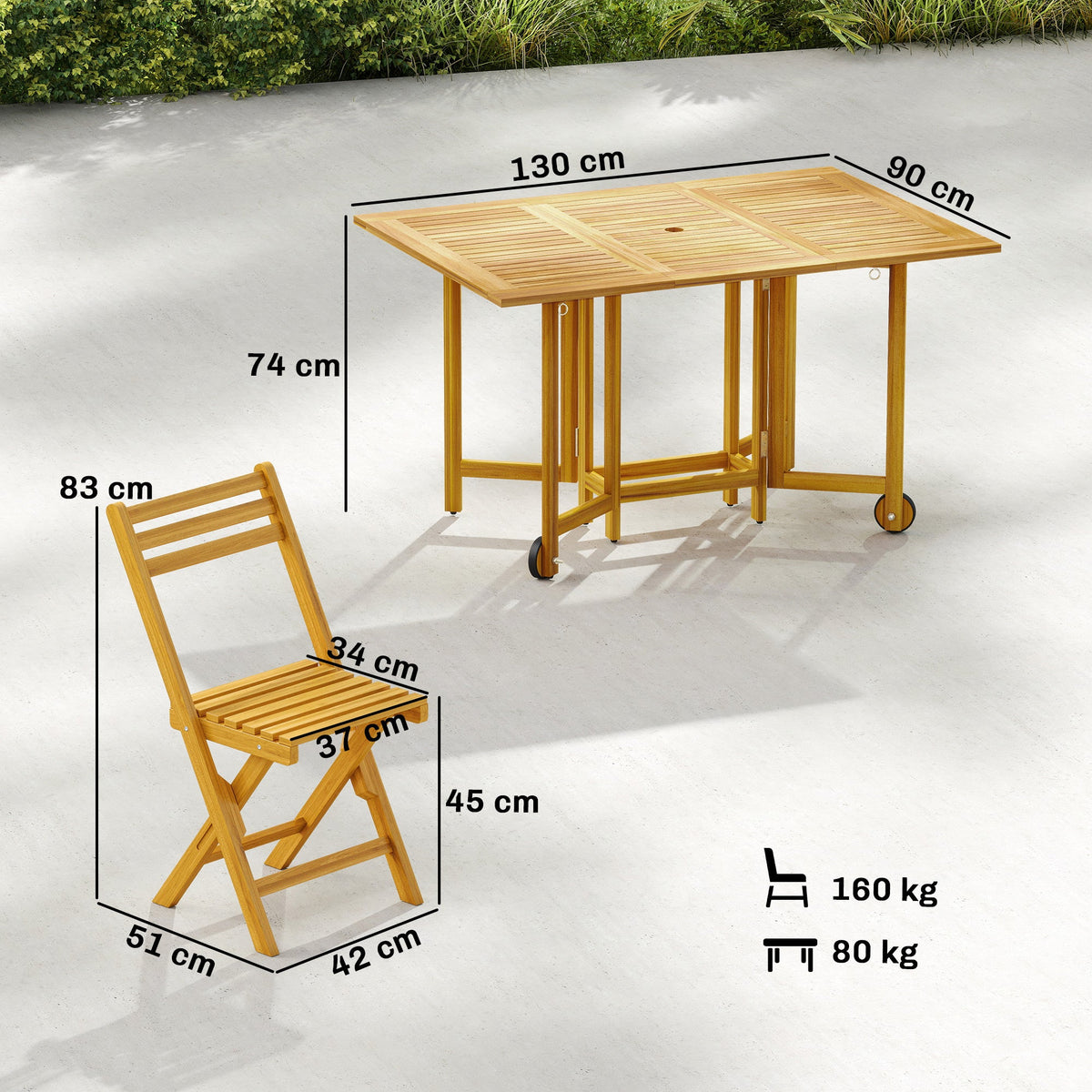 7-Piece Extending Acacia Dining Set with 6 Folding Chairs & Umbrella, Natural — product view 5
