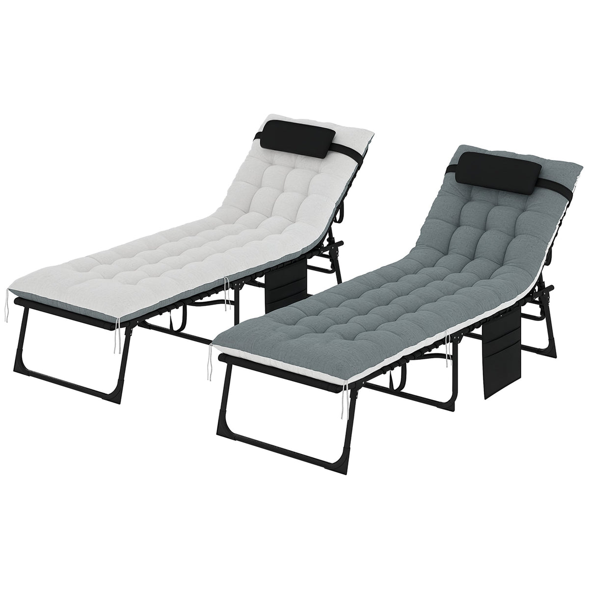 Set of 2 Folding Lounge Chairs with Cushion and Side Pocket, Black/Grey — product view 1