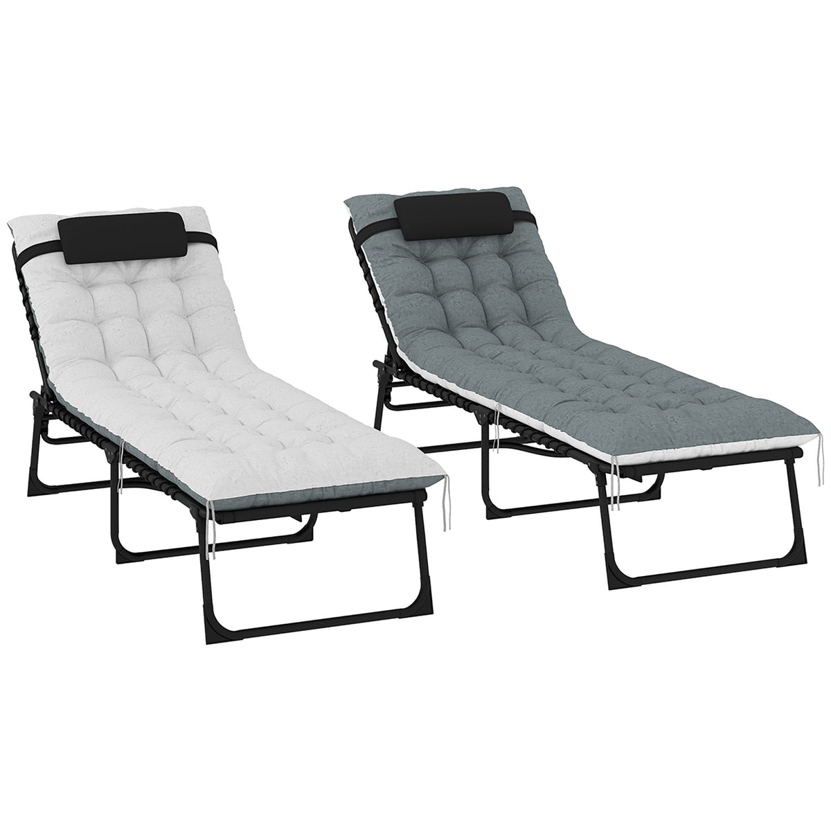 Set of 2 Folding Lounge Chairs with Cushion and Side Pocket, Black/Grey — product view 2