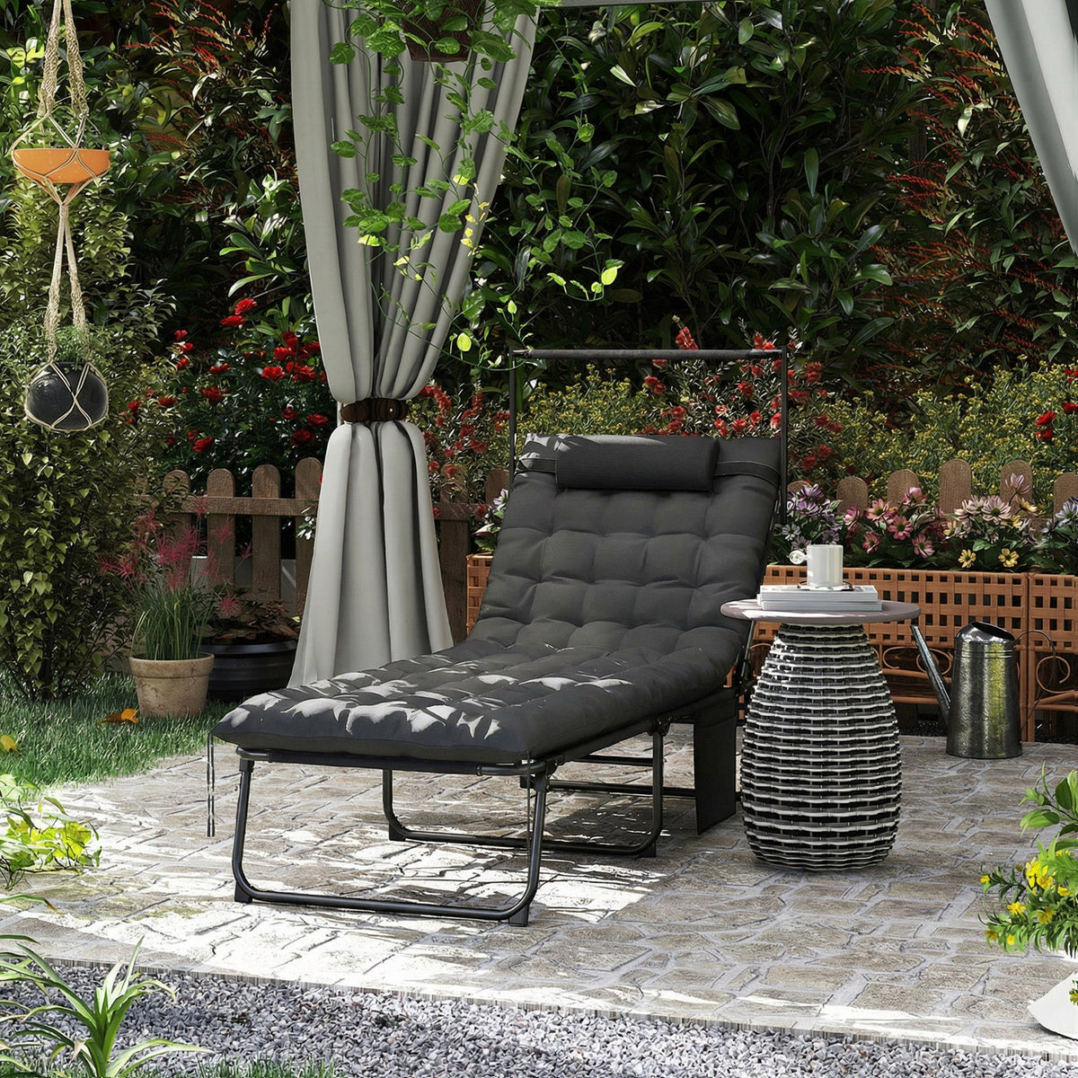 Folding Chaise Lounge Chair with Cushion, Sun Shade and Headrest, Dark Grey — product view 4