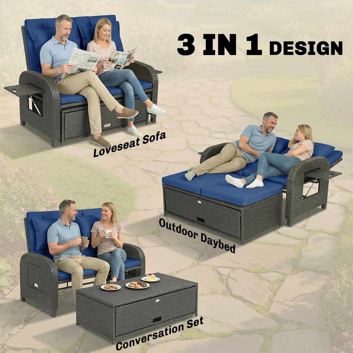 Rattan Patio Daybed with Storage Ottoman and Adjustable Backrest, Navy Blue — product view 6