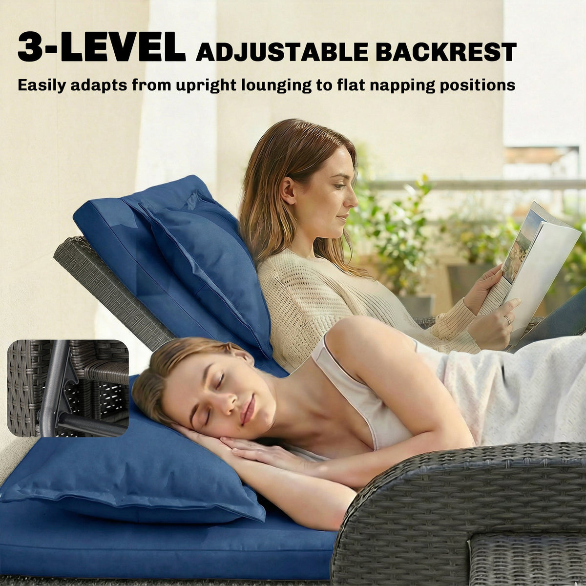 Rattan Patio Daybed with Storage Ottoman and Adjustable Backrest, Navy Blue — product view 7
