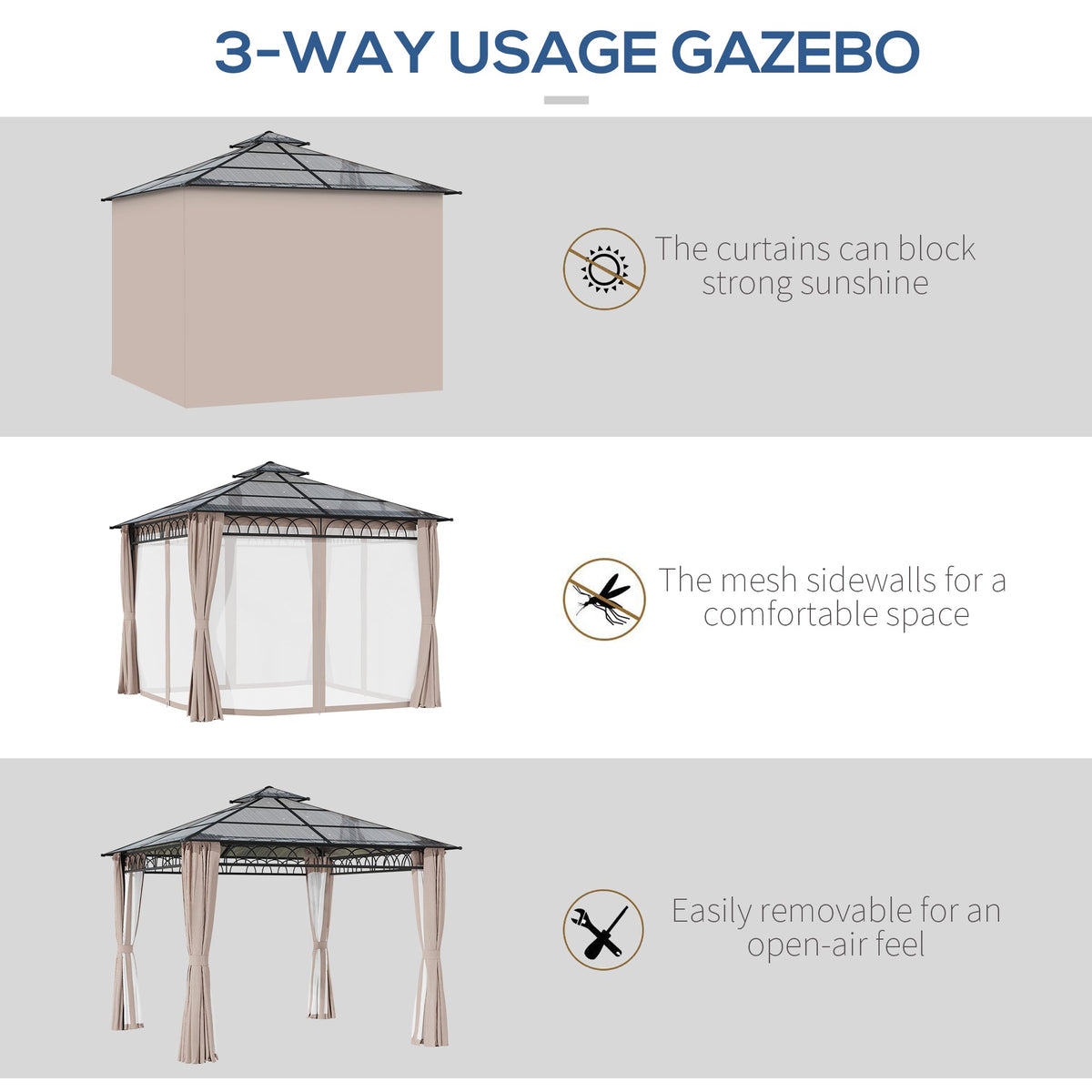 3 x 3m Polycarbonate Hardtop Gazebo with Curtains & Netting, Khaki — product view 7
