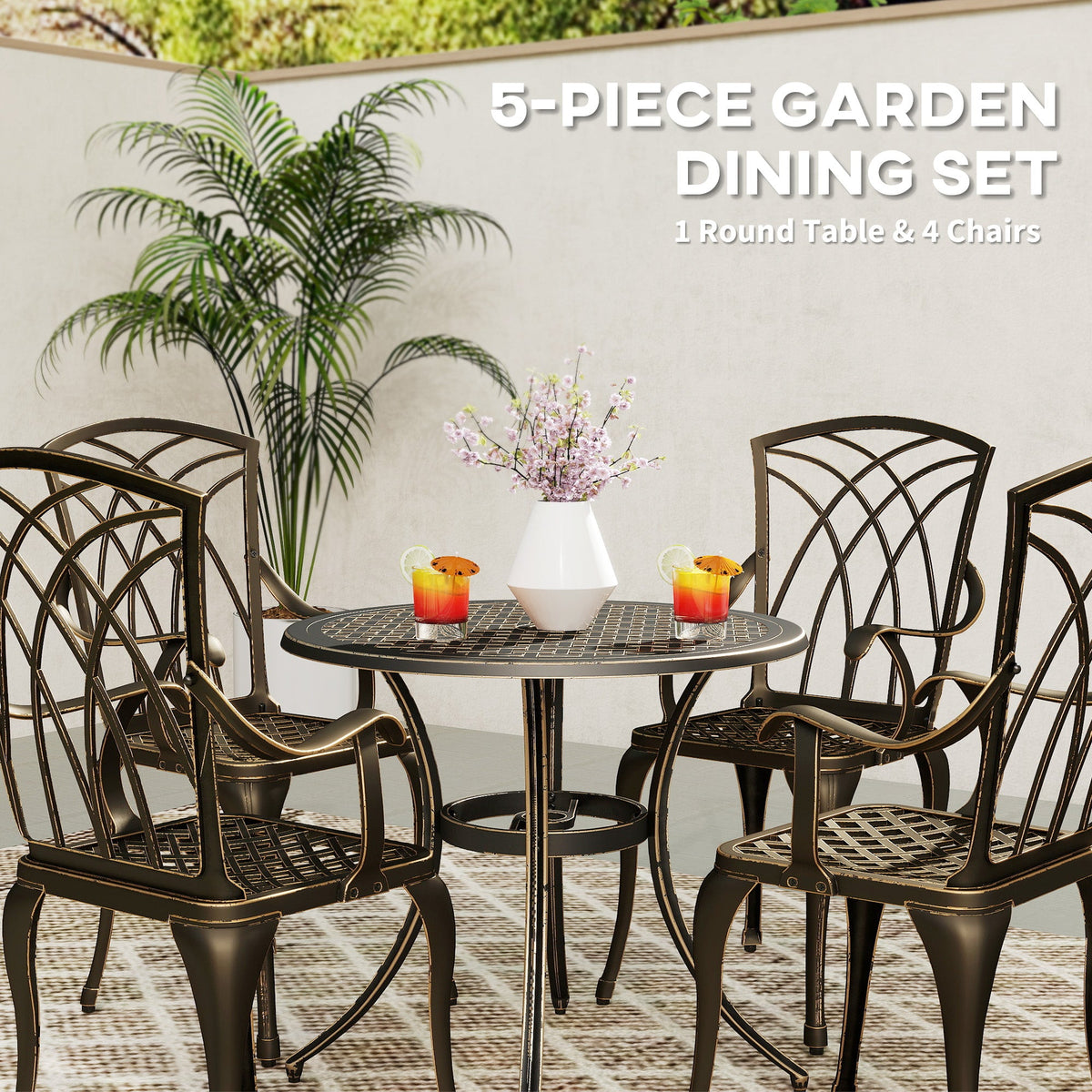 5 Piece Cast Aluminium Garden Dining Set with Parasol Hole, Bronze Tone — product view 6