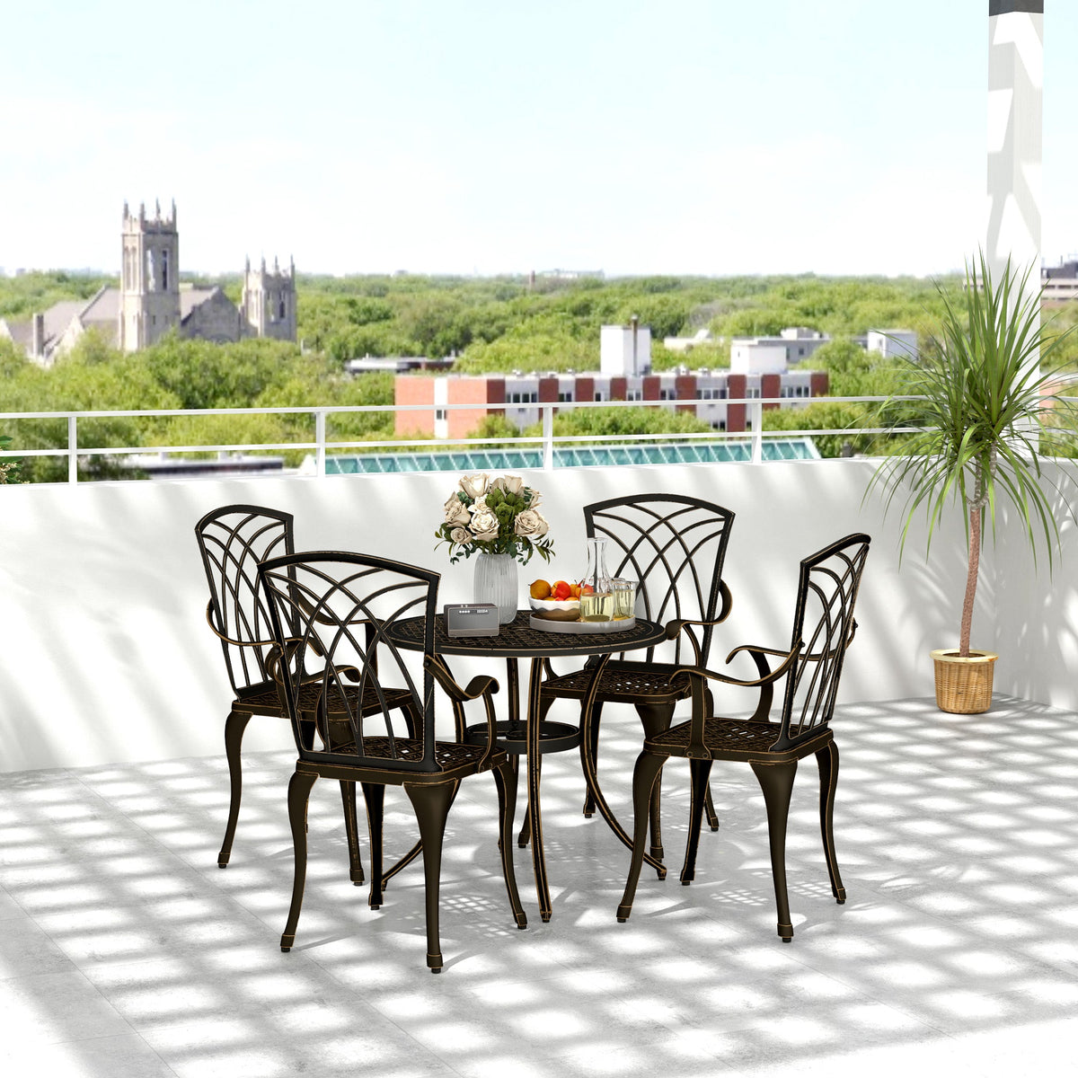 5 Piece Cast Aluminium Garden Dining Set with Parasol Hole, Bronze Tone — product view 4