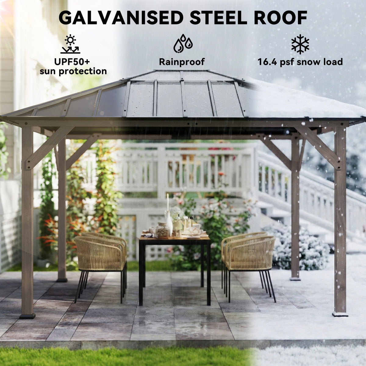 10' x 12' Wood Hardtop Gazebo with Clear Roof, Light Walnut — product view 6