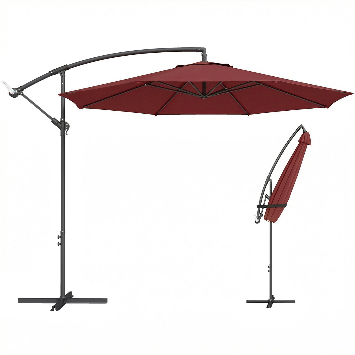 3 m Banana Parasol with Crank Handle, 8 Ribs & Cross Base, Wine Red — product view 1