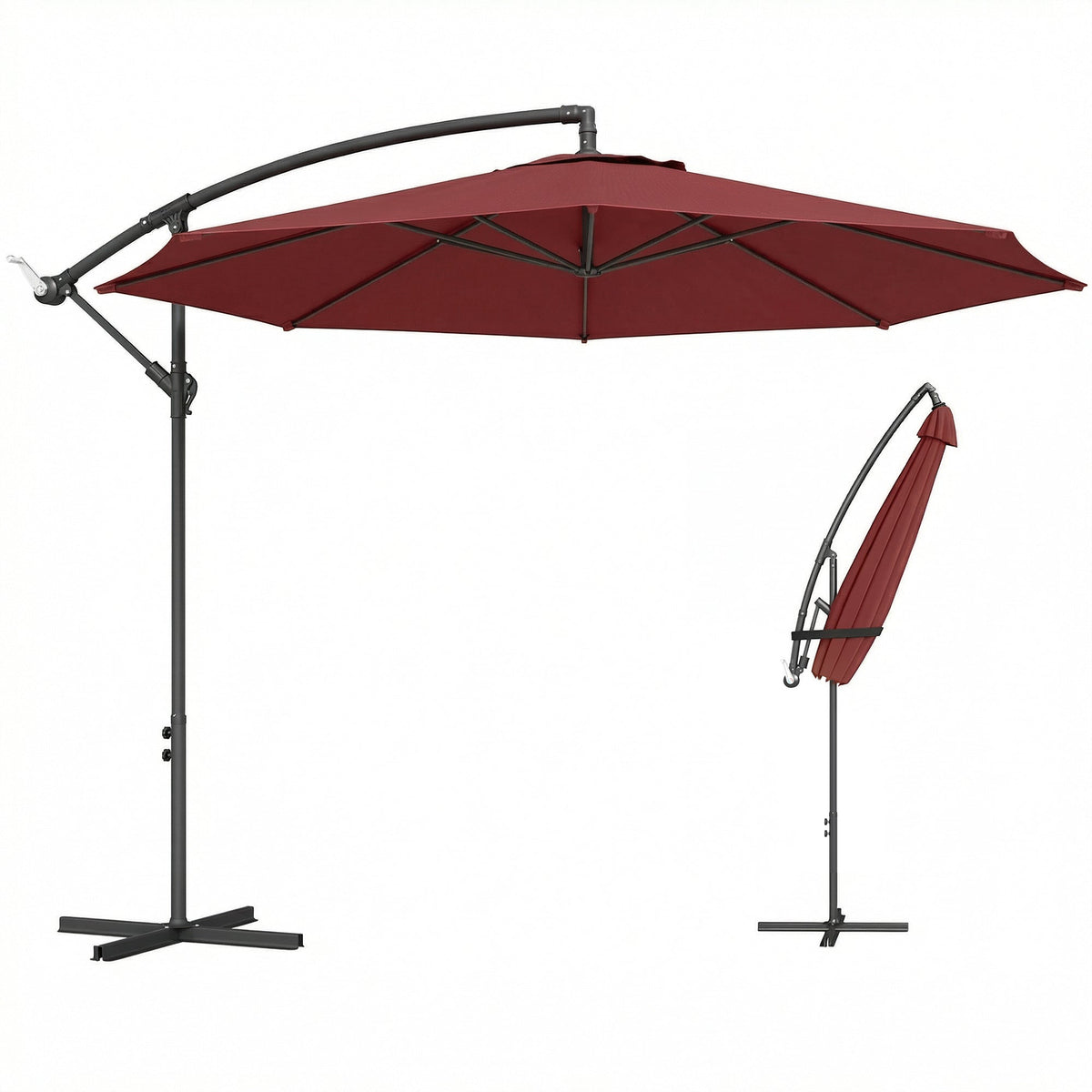 3 m Banana Parasol with Crank Handle, 8 Ribs & Cross Base, Wine Red — product view 2