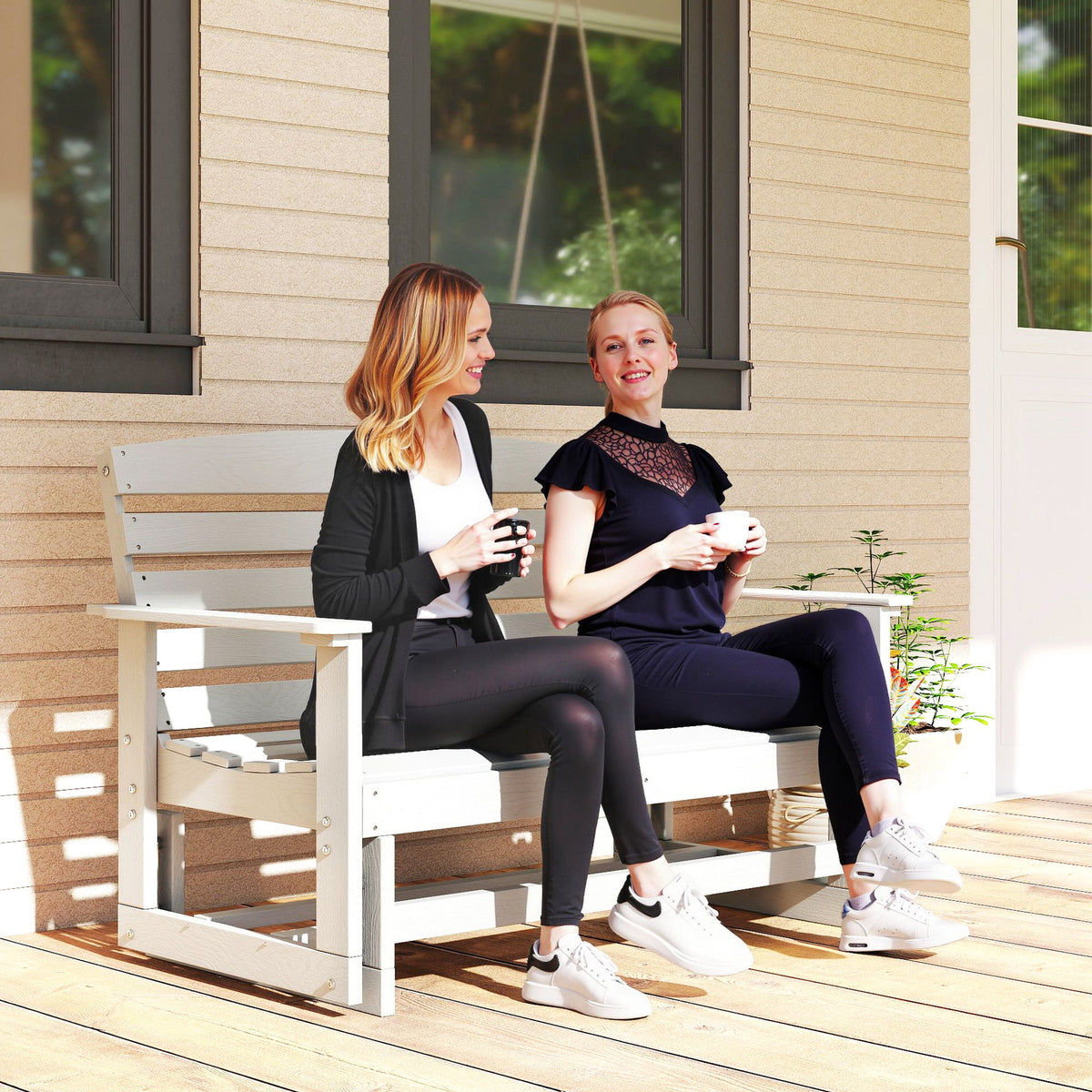 2-Person Outdoor Glider Bench w/ Slatted HDPE Frame for Backyard Garden Porch, Distressed White — product view 4