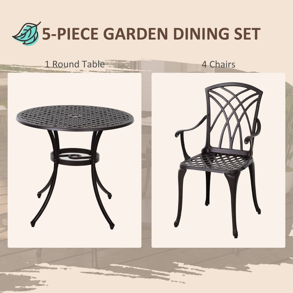 5 Piece Cast Aluminium Garden Dining Set with Parasol Hole, Brown — product view 6
