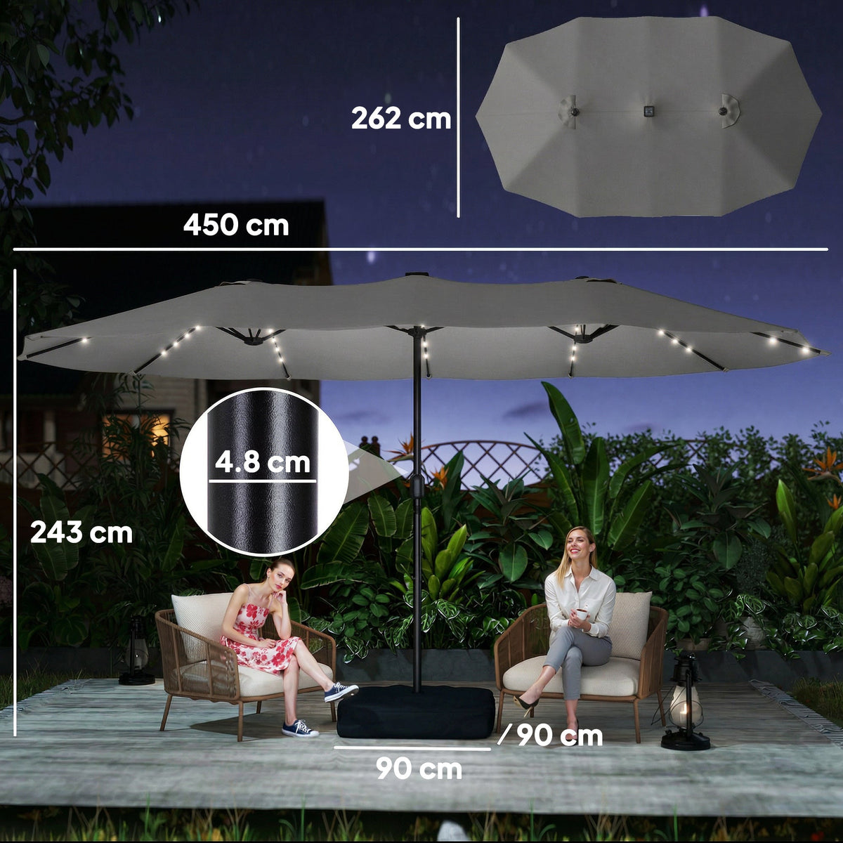 4.5 m Double-Sided Garden Parasol with LED Lights, Base & Sandbags, Grey — product view 5