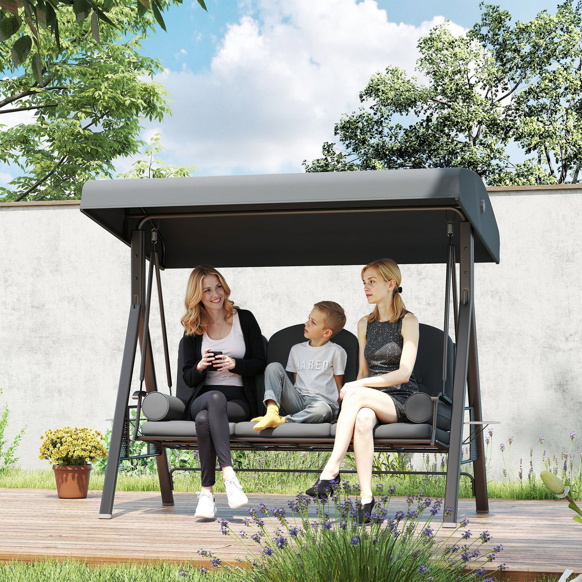 3 Seater Canopy Swing Chair with Cushions & Cup Trays, Dark Grey — product view 3