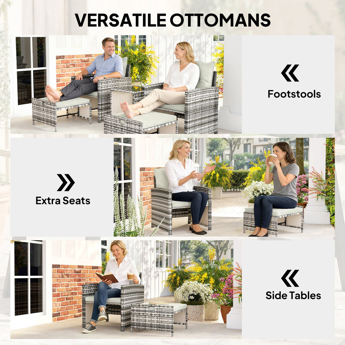 5-Piece Rattan Patio Set with Ottomans and 2-Tier Glass Coffee Table, Grey Cream — product view 7