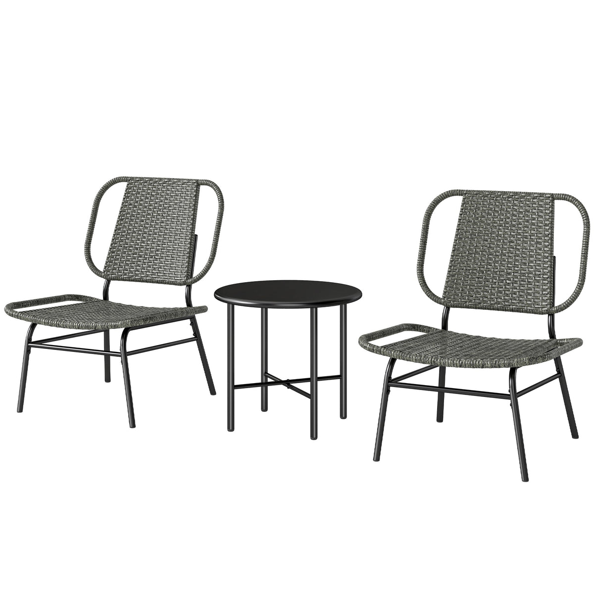 3 Piece Wicker Patio Bistro Set with 2 Armless Chairs and Steel Table, Grey — product view 2