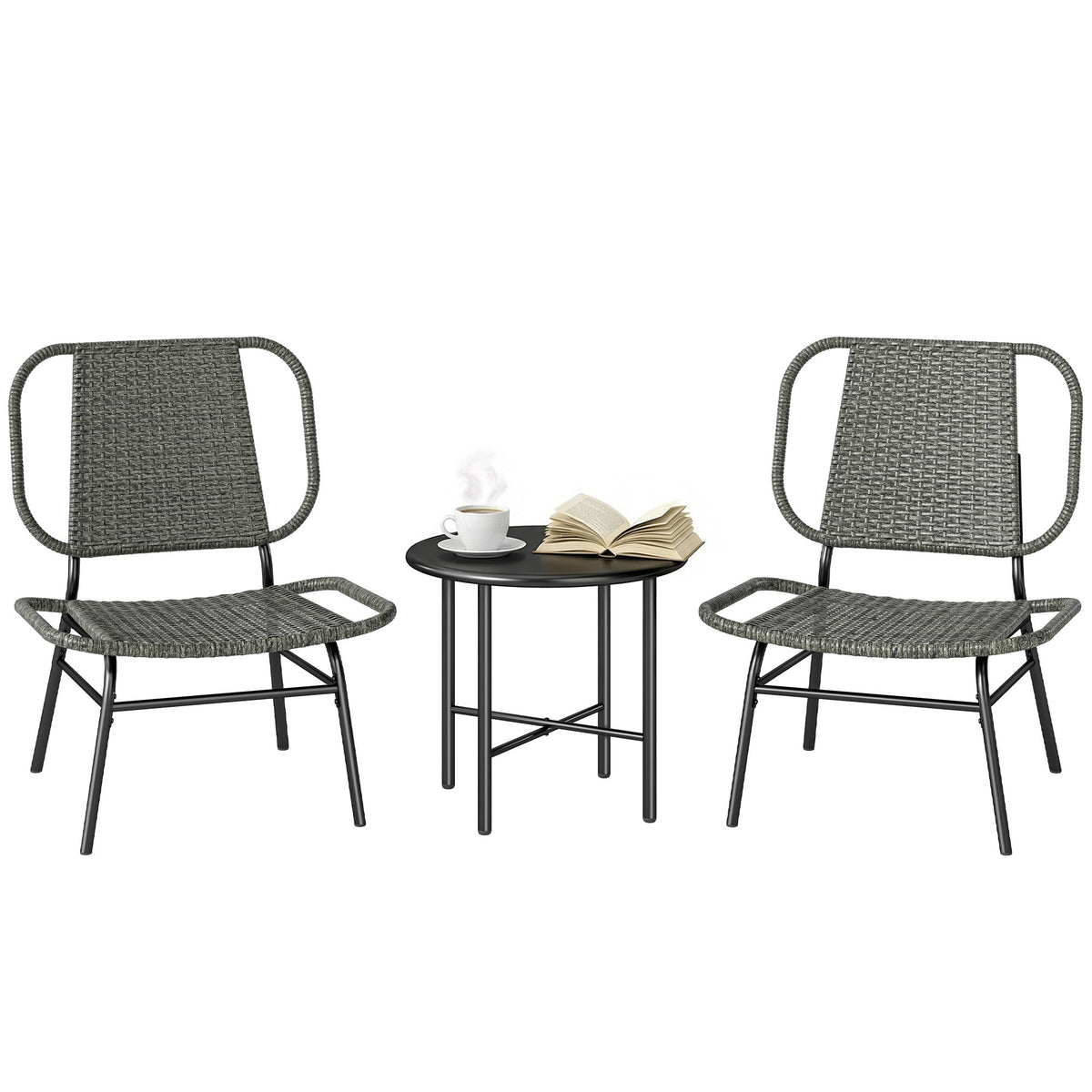3 Piece Wicker Patio Bistro Set with 2 Armless Chairs and Steel Table, Grey — product view 1
