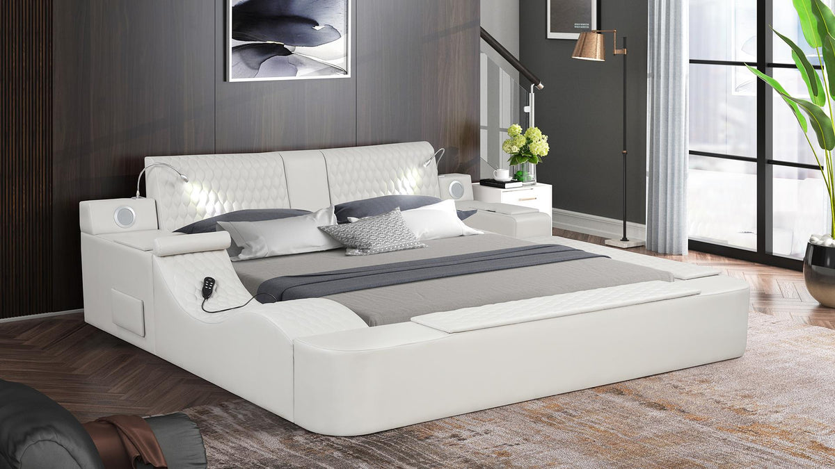 Zoya Ice Faux Leather Modern Queen Bed with Massage Lounge, Bluetooth Speakers & Reading Lights ** Clearance ** — product view 1