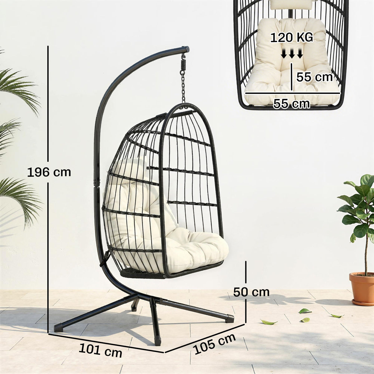 Hanging Egg Chair with Stand, Foldable Basket & Thick Cushion, Adjustable Height — product view 5