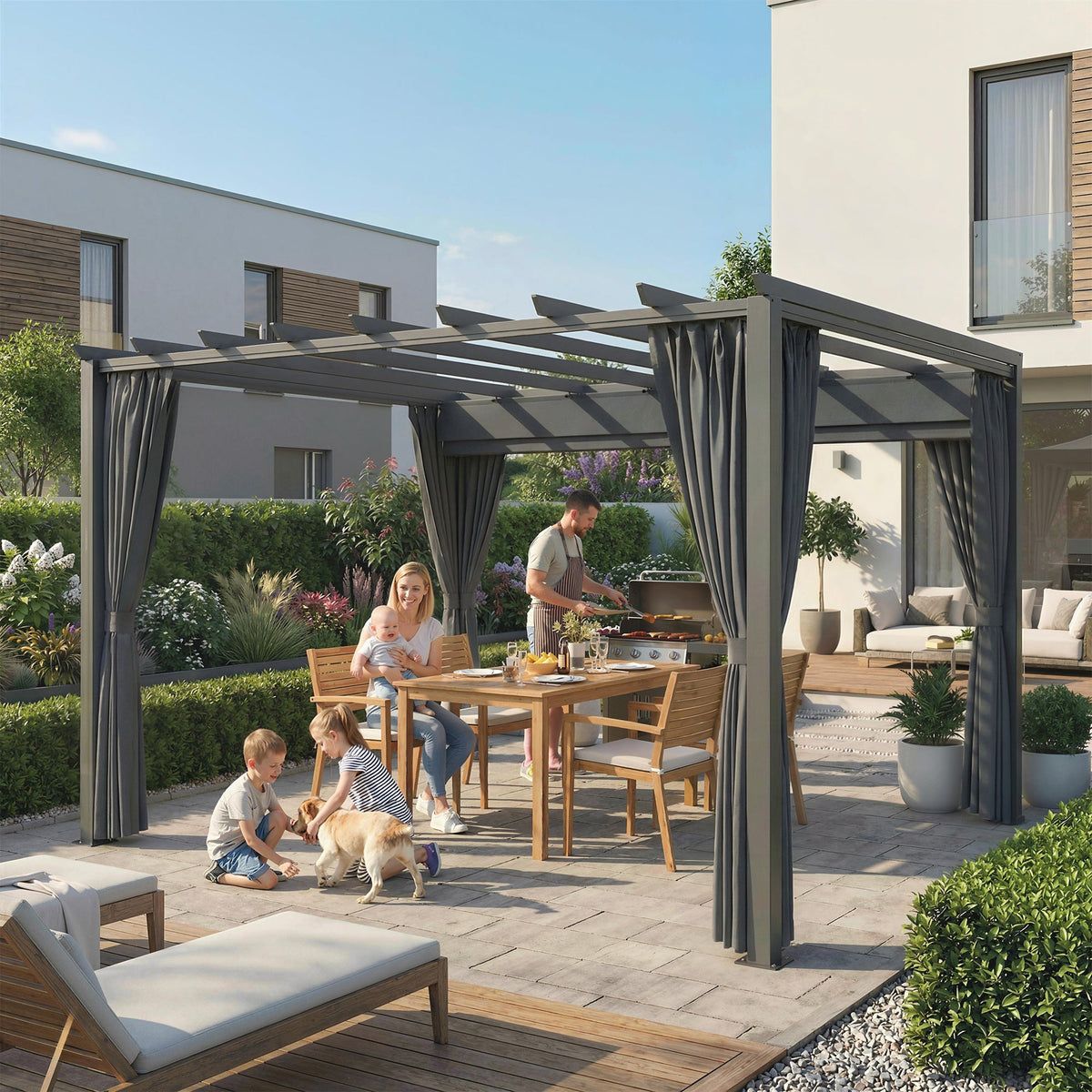 3.6 x 3 m Pergola with Retractable Roof and Curtains, Dark Grey — product view 4