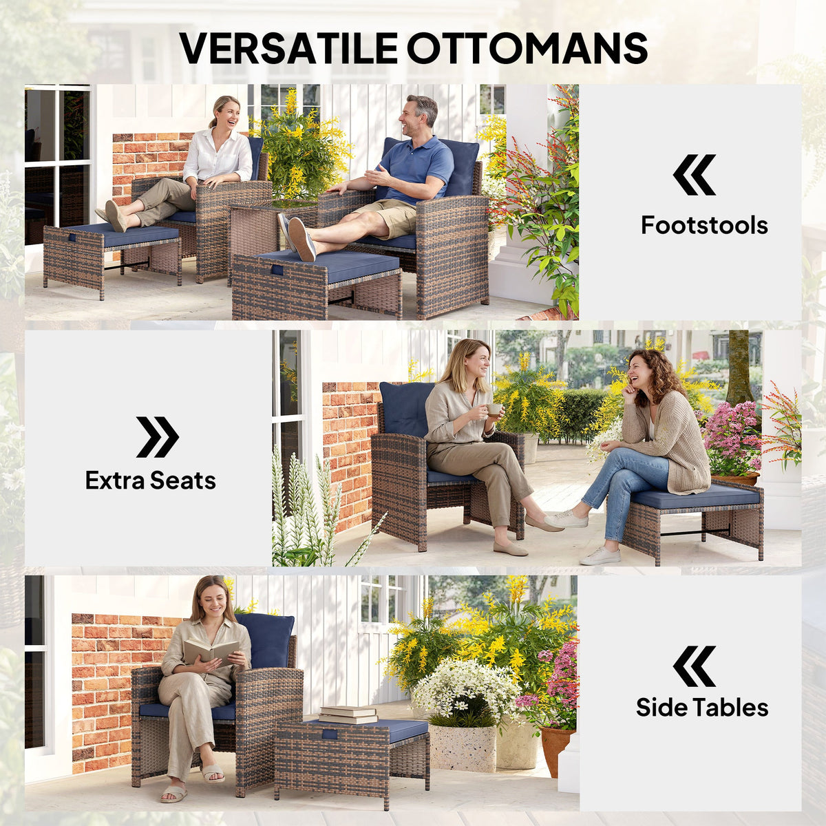 5-Piece Patio Set with Ottomans and 2-Tier Glass Table, Brown and Dark Blue — product view 7