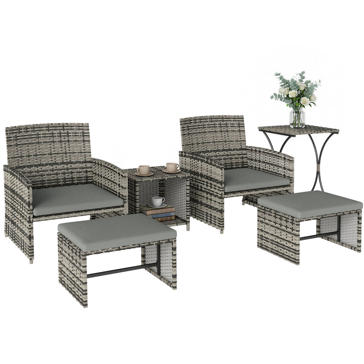 6 Piece Rattan Garden Furniture Set with 2 Nesting Tables, Grey — product view 1
